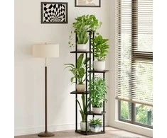 Bamworld 6 lygių metalinis kampinis gėlių stovas su medinėmis lentynomis, juodas, 130 cm