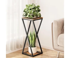 Bamworld dviejų lygių metalinis kampinis augalų stovas su MDF lentynomis, juodas, TM02-5T-BR
