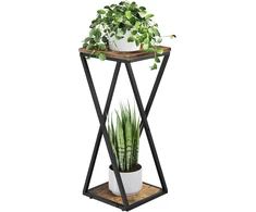 Bamworld dviejų lygių metalinis kampinis augalų stovas su MDF lentynomis, juodas, TM02-5T-BR