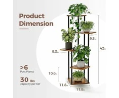 Bamworld kampinis 5 lygių metalinis–medinis augalų stovas su LED apšvietimu, rudas