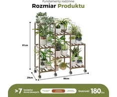 Bamworld medinis augalų stovas su 3 lygiais, 7 vazonams, su ratukais, 86,3 × 81,3 × 30 cm