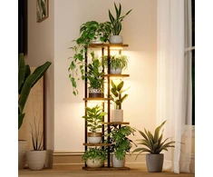 Bamworld metalinis ir medinis augalų stovas su LED apšvietimu, kampinis, 6 lygių, rudas