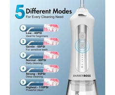 BARBERBOSS belaidis burnos irigatorius su 5 antgaliais, 300 ml, IPX7, QR-7024