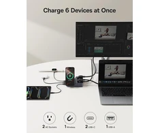 Baseus įkrovimo stotelė su 2 AC lizdais, 67 W USB-C ir Qi2 15 W belaidžiu įkrovimu