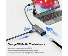 BENFEI USB-C ir Gigabit Ethernet (RJ45) tinklo adapteris su 100 W PD, 000362grey