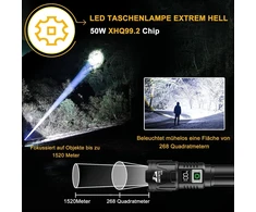 BEYSTE LED taktinė įkraunama žibintuvėlis, 50 W, 1000000 lm, aliuminis, LCD ekranas, BEYSTE-A09