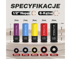 BILITOOLS smūginių ratų veržlių galvučių rinkinys 1/2 col., 15–22 mm, B1R95499