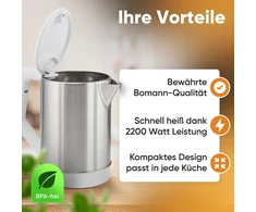Bomann elektrinis virdulys 1,5 l, 2200 W, nerūdijančiojo plieno WKS 3002 CB