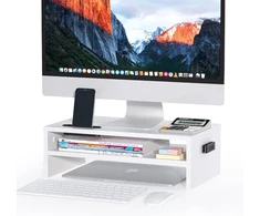 BONTEC medinis monitoriaus stovas su išmaniojo telefono laikikliu, 2 lygių, baltas MTR-S2-WH