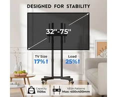 BONTEC mobilus televizoriaus stovas su ratukais 32–75 col., VESA 400 × 400 mm, FN311-BK