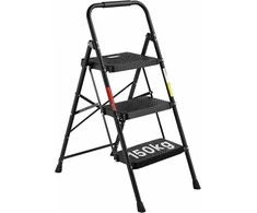 BONTEC sulankstoma 3 pakopų plieninė kopėčių drabina, 150 kg, neslystančios pakopos, juoda