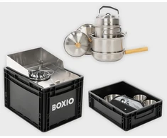 BOXIO dujinė stovyklavimo viryklė su 1500 W galia, 4 dalių nerūdijančio plieno indų komplektu ir vėjui atsparia apsauga, BOX-COOK-M-10