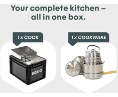 BOXIO dujinė stovyklavimo viryklė su indų rinkiniu, vėjo apsauga, nerūdijančio plieno korpusu, 1500 W, BOX-COOK-P-10