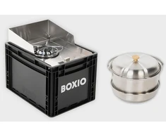 BOXIO dujinė stovyklavimo viryklė su indų rinkiniu, vėjo apsauga, nerūdijančio plieno korpusu, 1500 W, BOX-COOK-P-10