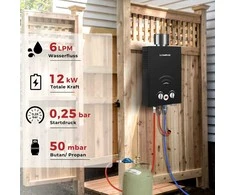 Camplux dujinis vandens šildytuvas, 6 l/min, 12 kW, butano/propono, juodas, BW158BC-DE