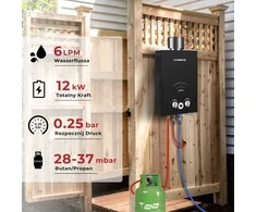 Camplux dujinis vandens šildytuvas 6 l/min, 12 kW, su apsauga nuo lietaus, juodas, BW158BC