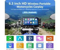 Carpuride motociklo GPS navigatorius su 6,3 colių lietimui jautriu ekranu, belaidžiu CarPlay ir Android Auto, 1080P priekine bei galine kamera, modelis W603D