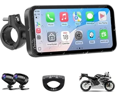 Carpuride motociklo GPS navigatorius su 6,3 colių lietimui jautriu ekranu, belaidžiu CarPlay ir Android Auto, 1080P priekine bei galine kamera, modelis W603D
