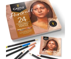 Castle Art Supplies 24 spalvotų pieštukų rinkinys portretams, mediniai, metalinė dėžutė