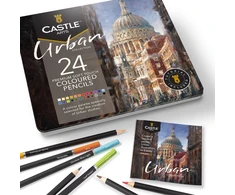 Castle Art Supplies 24 spalvotų pieštukų rinkinys su metaline dėžute piešimui ir eskizams Urban