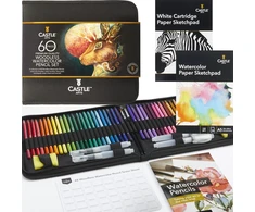 Castle Art Supplies 60 dalių medinių akvarelinių pieštukų rinkinys su priedais, 48 spalvos