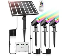 CLY saulės energija maitinamas RGB LED reflektorius, IP66, 10 spalvų, 6 ryškumo lygiai, su nuotoliniu valdymu
