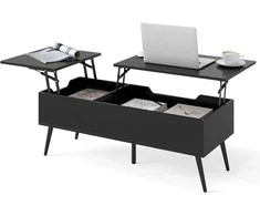 COSTWAY kavos staliukas su reguliuojamu aukščiu, pakeliamu stalviršiu ir dvigubomis lentynomis, 111 × 48 × 40-53,5 cm, juodas VH34848DE