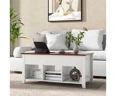 COSTWAY kavos staliukas su reguliuojamu aukščiu, baltas, 105 × 52 × 49–62,5 cm, 3 atviros lentynos