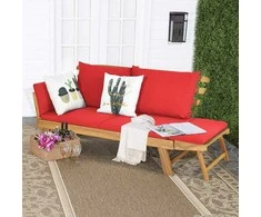 COSTWAY lauko sofa iš akacijos medienos, raudona, dviems, su pagalvėlėmis, reguliuojamais porankiais, AB93317DQ+DE-GM