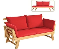 COSTWAY lauko sofa iš akacijos medienos, raudona, dviems, su pagalvėlėmis, reguliuojamais porankiais, AB93317DQ+DE-GM