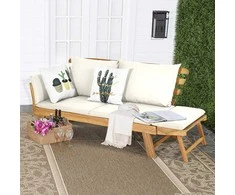 COSTWAY medinė išskleidžiama sodo sofa-lova su atlošiamais porankiais, 198 × 75 × 75 cm, akacijos mediena, bežinė