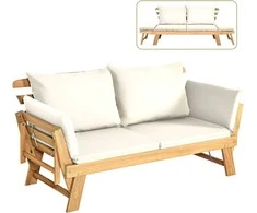 COSTWAY medinė išskleidžiama sodo sofa-lova su atlošiamais porankiais, 198 × 75 × 75 cm, akacijos mediena, bežinė