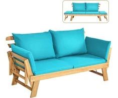 COSTWAY medinė lauko sofa su atlošu ir pagalvėlėmis, sulankstomais porankiais, 198 × 75 × 75 cm, turkio spalvos