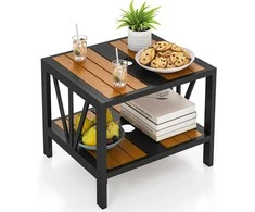 COSTWAY metalinis lauko staliukas su lentyna ir skėčio anga, 52 × 46 × 45 cm, juodas/natūralus, ZB34838DE-GM