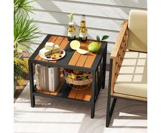 COSTWAY metalinis lauko staliukas su lentyna ir skėčio anga, 52 × 46 × 45 cm, juodas/natūralus, ZB34838DE-GM
