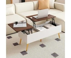 COSTWAY reguliuojamo aukščio kavos staliukas su pakeliamu stalviršiu ir paslėptomis lentynomis, 111 × 48 × 40–53,5 cm, riešutmedžio spalvos