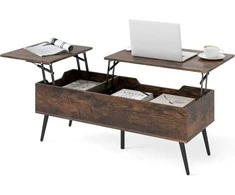 COSTWAY reguliuojamo aukščio kavos staliukas su pakeliamu stalviršiu ir paslėptomis lentynomis, 111 × 48 × 40–53,5 cm, rudas