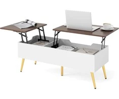 COSTWAY reguliuojamo aukščio kavos staliukas su pakeliamu stalviršiu ir paslėptomis lentynomis, 111 × 48 × 40–53,5 cm, riešutmedžio spalvos
