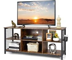 TV staliukas COSTWAY televizoriaus spintelė su atviromis lentynomis ir krepšiu, 140 × 40 × 63 cm, pramoninis dizainas