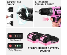 DEKOPRO akumuliatorinė gręžtuvas-vairuoklis 20 V, 2 baterijos, LED, 40 Nm, 2 greičių, rožinė
