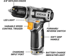 DEKOPRO akumuliatorinis suktuvas 12 V 800rpm komplektas su priedais DKCD12XL02G-S2