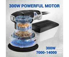 DEKOPRO ekscentrinė šlifavimo mašina 125 mm, 300 W, 6 greičiai, su dulkių siurbimu