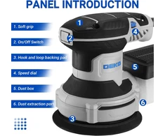 DEKOPRO ekscentrinė šlifuoklė 125 mm, 300 W, 6 greičių, dulkių surinkimas, DKOS30A125G