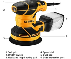 DEKOPRO elektrinė orbitinė šlifuoklė 300 W, 6 greičiai, 14000 aps./min, DKOS30XL125