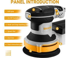 DEKOPRO osciliacinė šlifuoklė 300 W, 6 greičiai, 14000 aps./min., 125 mm, DKOS30A125Y