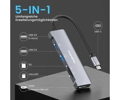 DIGIERA USB-C šakotuvas 5 viename su HDMI 1080p, USB 3.0 5 Gbps ir SD/Micro SD