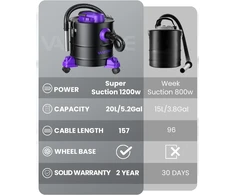 Dulkių siurblys VANPORE pelenų siurblys 20 l 1200 W su HEPA filtru ir pūtimo funkcija BJ1811