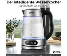 Ecosa stiklinis elektrinis virdulys su temperatūros reguliavimu, 1,8 l, 2200 W, nerūdijančio plieno korpusas, LED ekranas