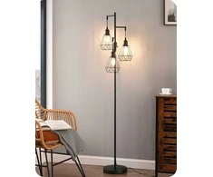 EDISHINE grindų lemputė, reguliuojama 163 cm, LED E27, metalinis šviestuvas, juoda, trys gaubtai, vintage stilius, KL-DF075