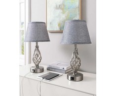 EDISHINE stalinė LED lempa, jutiklinis reguliavimas, 2 USB, 46 cm, lininis gaubtas, pilka, 2 vnt.